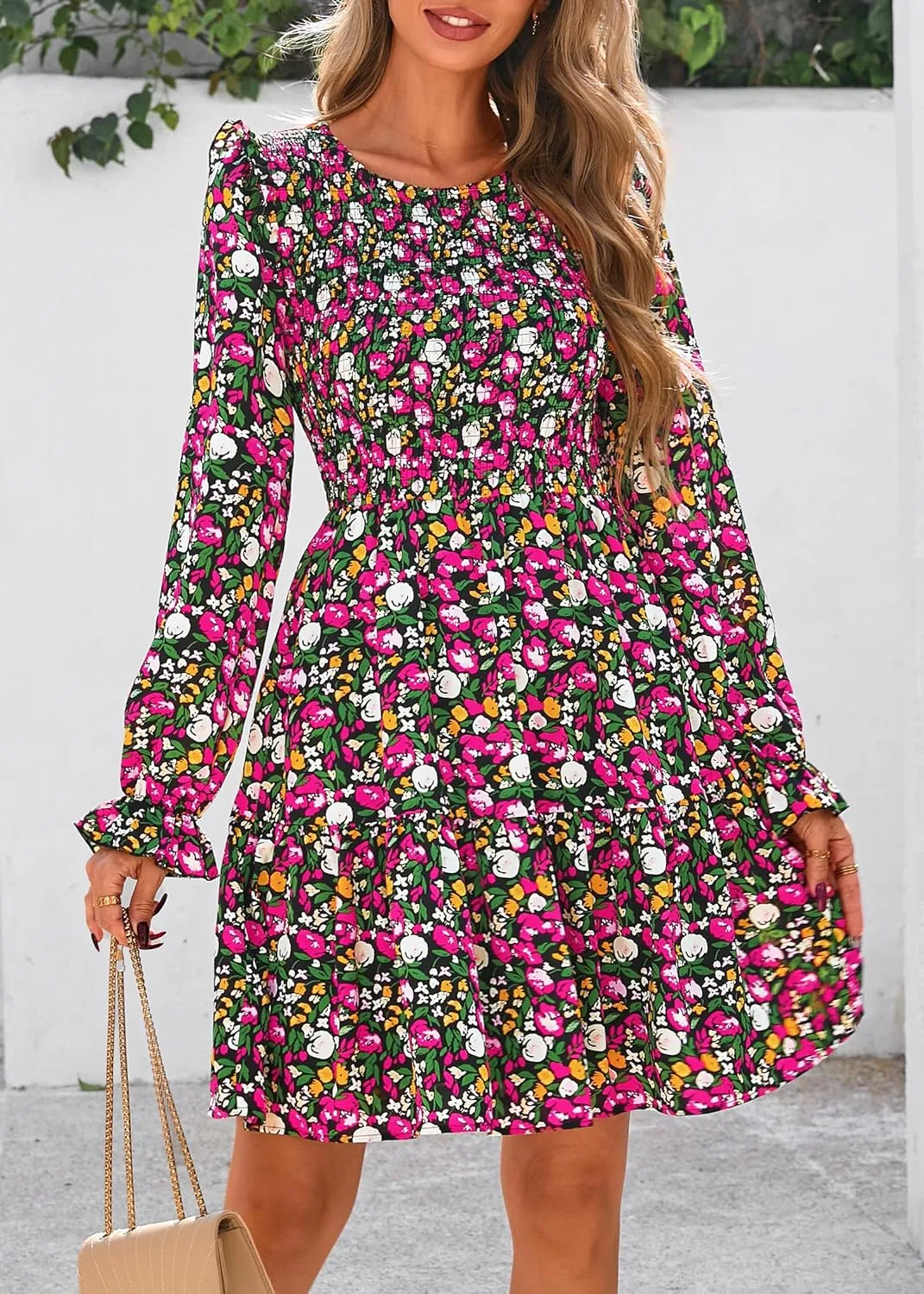 KIRUNDO Spring Dresses for Women 2025 Summer Smocked Long Sleeve Floral Crewneck Ruffle A Line Flowy Party Mini Dress