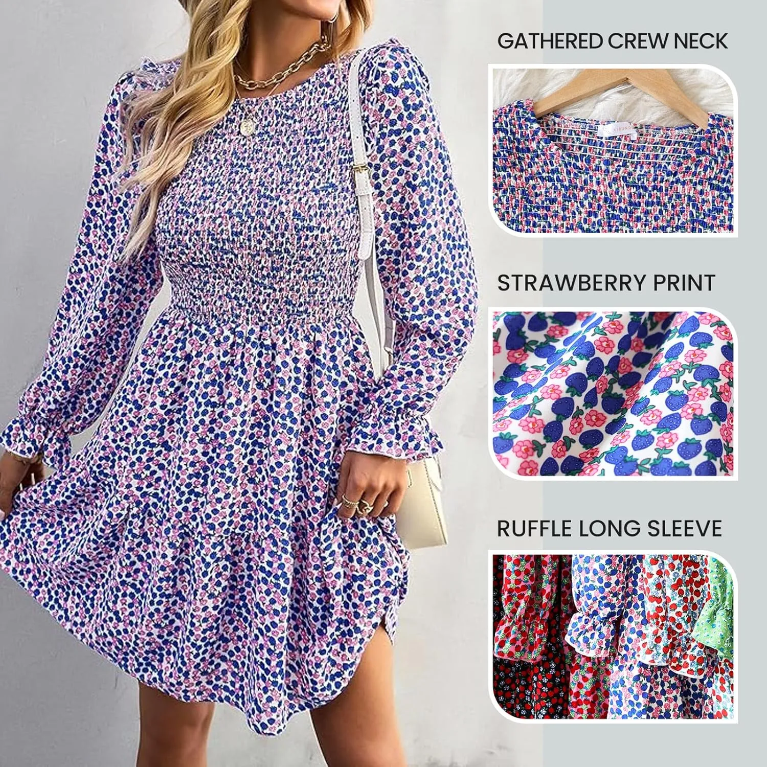 KIRUNDO Spring Dresses for Women 2025 Summer Smocked Long Sleeve Floral Crewneck Ruffle A Line Flowy Party Mini Dress