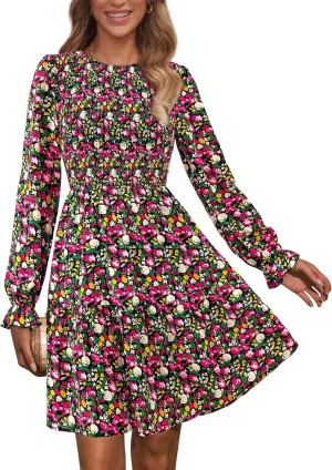 KIRUNDO Spring Dresses for Women 2025 Summer Smocked Long Sleeve Floral Crewneck Ruffle A Line Flowy Party Mini Dress