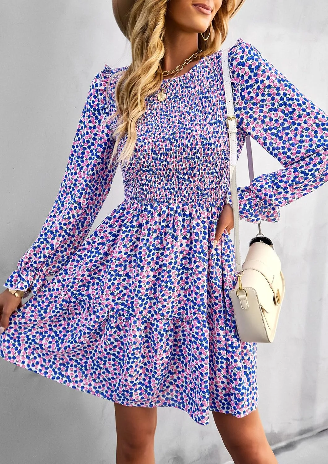 KIRUNDO Spring Dresses for Women 2025 Summer Smocked Long Sleeve Floral Crewneck Ruffle A Line Flowy Party Mini Dress