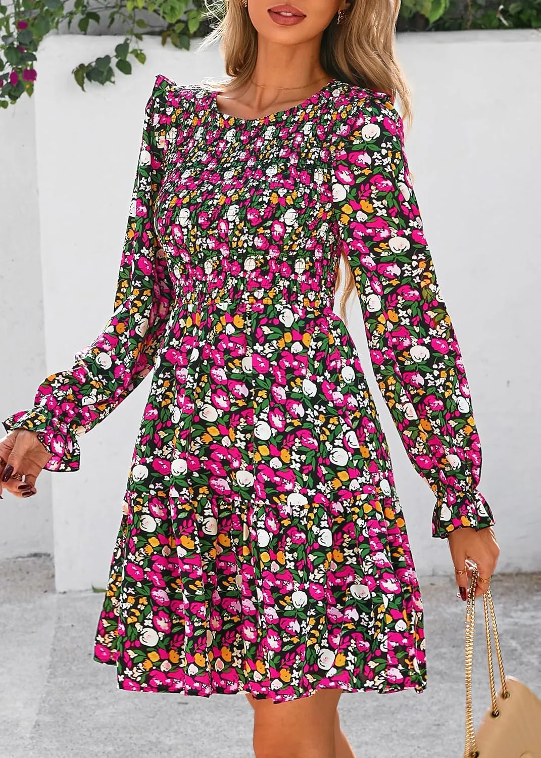 KIRUNDO Spring Dresses for Women 2025 Summer Smocked Long Sleeve Floral Crewneck Ruffle A Line Flowy Party Mini Dress