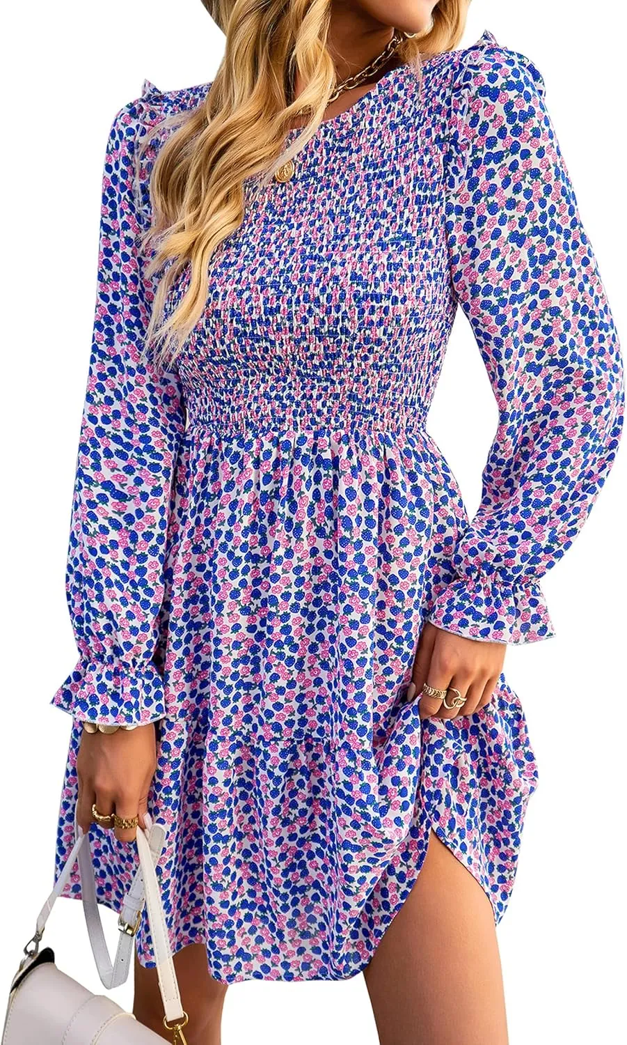 KIRUNDO Spring Dresses for Women 2025 Summer Smocked Long Sleeve Floral Crewneck Ruffle A Line Flowy Party Mini Dress