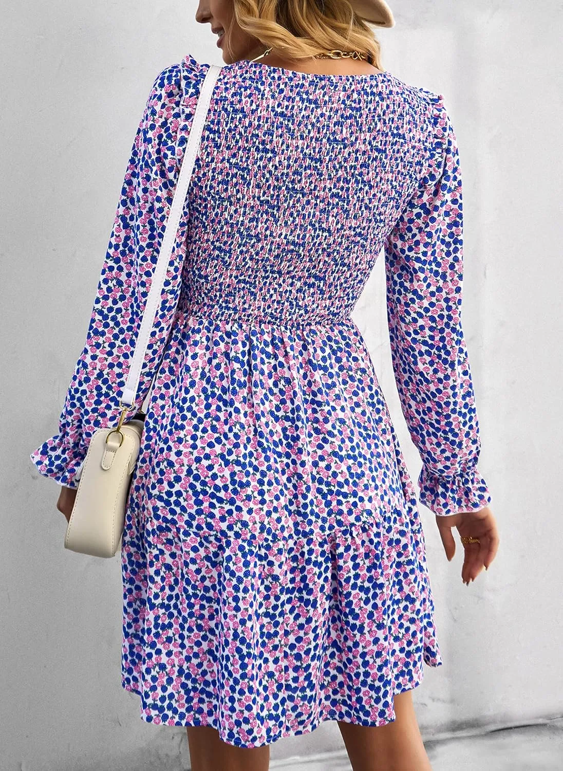 KIRUNDO Spring Dresses for Women 2025 Summer Smocked Long Sleeve Floral Crewneck Ruffle A Line Flowy Party Mini Dress