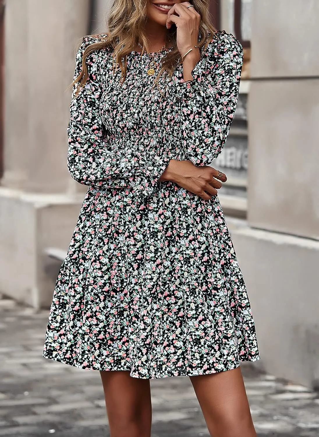 KIRUNDO Spring Dresses for Women 2025 Summer Smocked Long Sleeve Floral Crewneck Ruffle A Line Flowy Party Mini Dress