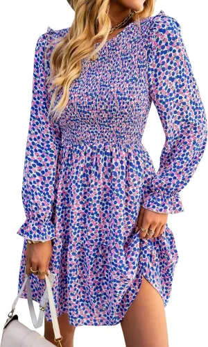 KIRUNDO Spring Dresses for Women 2025 Summer Smocked Long Sleeve Floral Crewneck Ruffle A Line Flowy Party Mini Dress