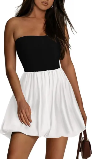 KIRUNDO Strapless Dress for Women Bubble Hem Summer Sexy Tube Top 2025 A Line Patchwork Mini Beach Vacation Sundress