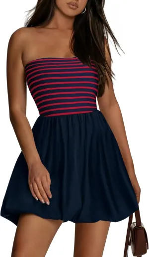 KIRUNDO Strapless Dress for Women Bubble Hem Summer Sexy Tube Top 2025 A Line Patchwork Mini Beach Vacation Sundress