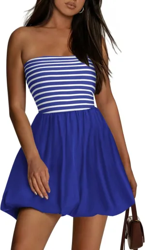 KIRUNDO Strapless Dress for Women Bubble Hem Summer Sexy Tube Top 2025 A Line Patchwork Mini Beach Vacation Sundress