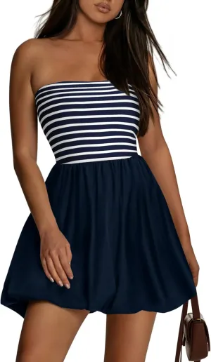 KIRUNDO Strapless Dress for Women Bubble Hem Summer Sexy Tube Top 2025 A Line Patchwork Mini Beach Vacation Sundress