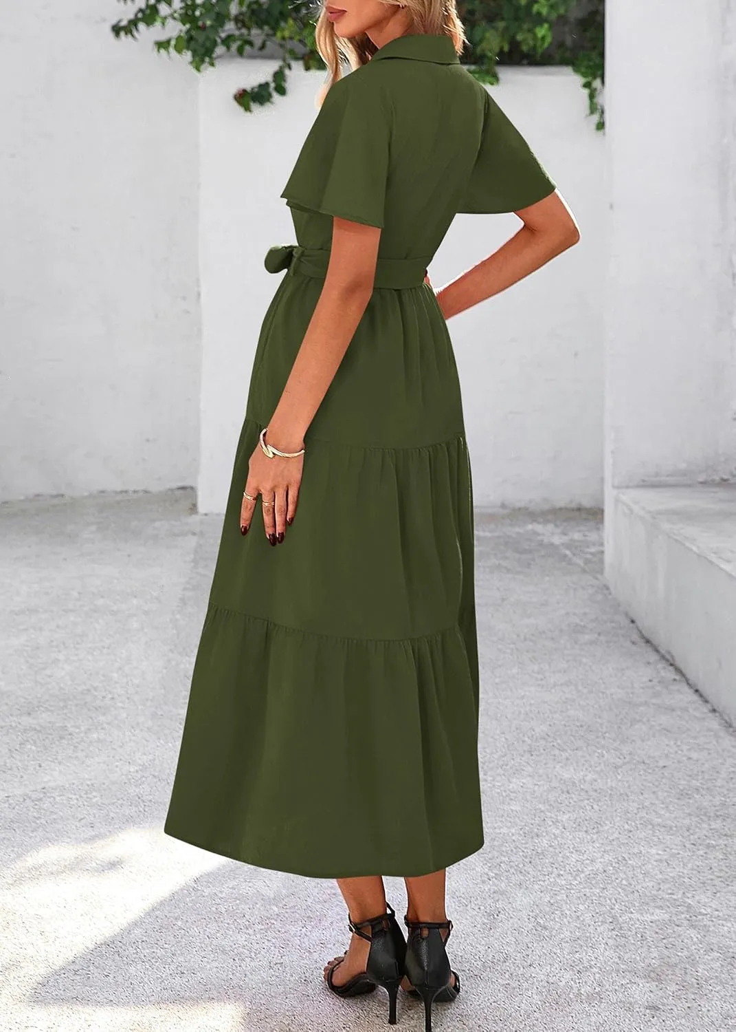 KIRUNDO Summer Button Down Wedding Guest Shirt Dresses for Women Maxi Flutter Short Sleeve Flowy Tiered Beach Sun Dress