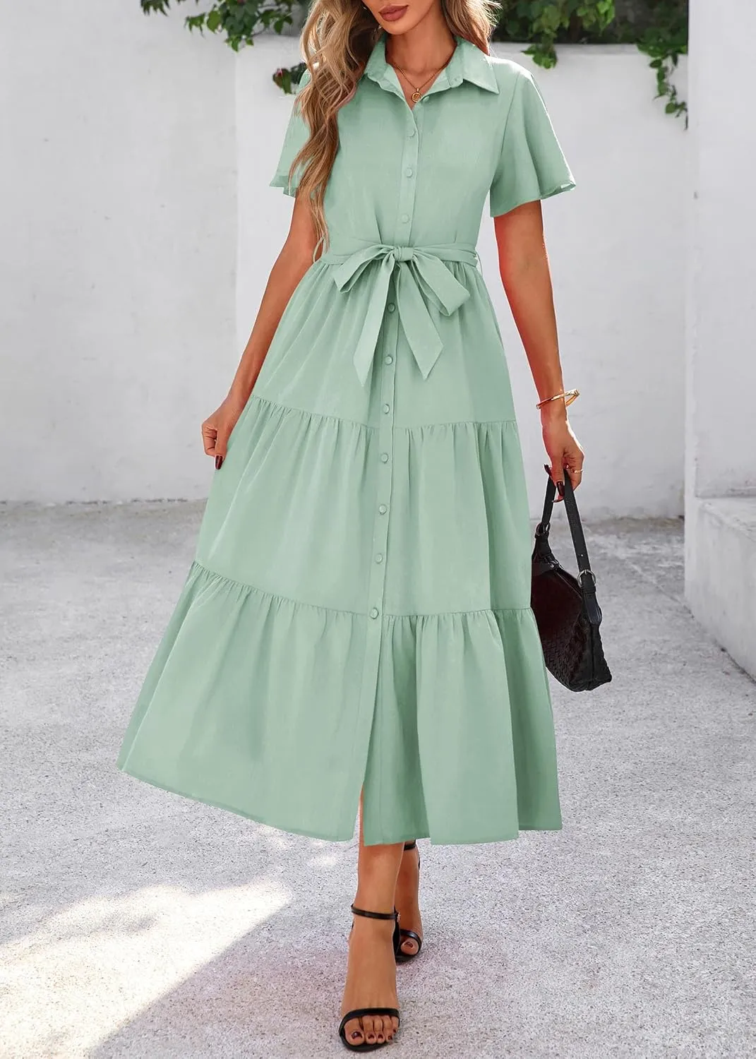 KIRUNDO Summer Button Down Wedding Guest Shirt Dresses for Women Maxi Flutter Short Sleeve Flowy Tiered Beach Sun Dress