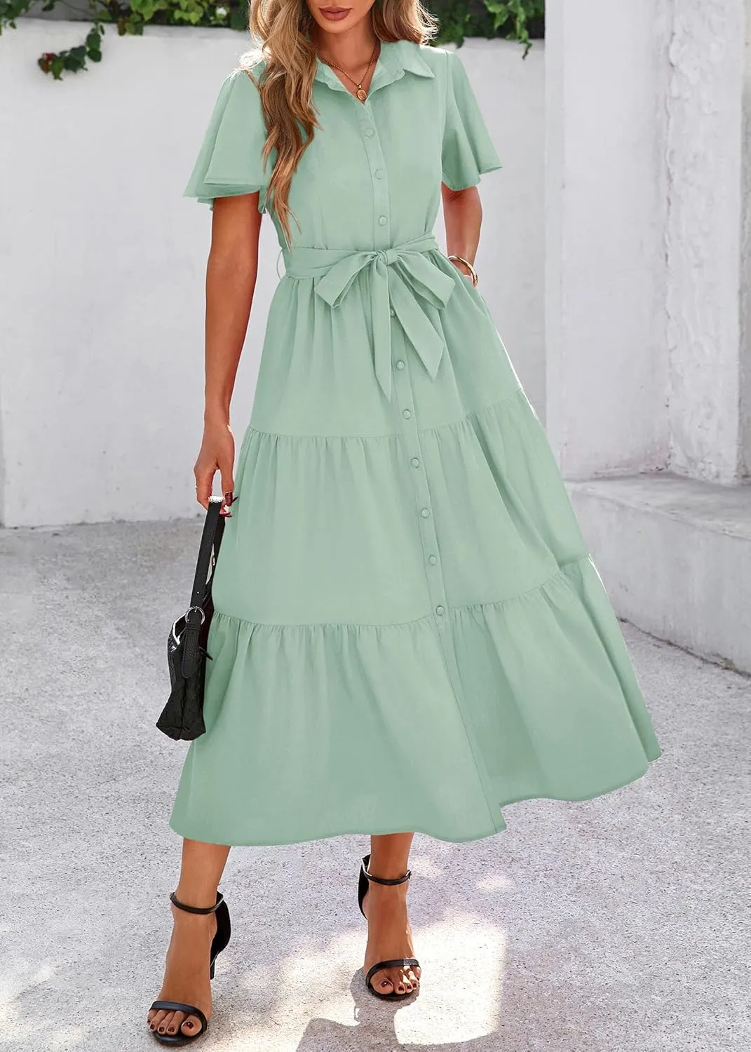 KIRUNDO Summer Button Down Wedding Guest Shirt Dresses for Women Maxi Flutter Short Sleeve Flowy Tiered Beach Sun Dress