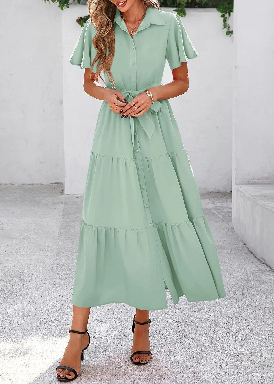 KIRUNDO Summer Button Down Wedding Guest Shirt Dresses for Women Maxi Flutter Short Sleeve Flowy Tiered Beach Sun Dress