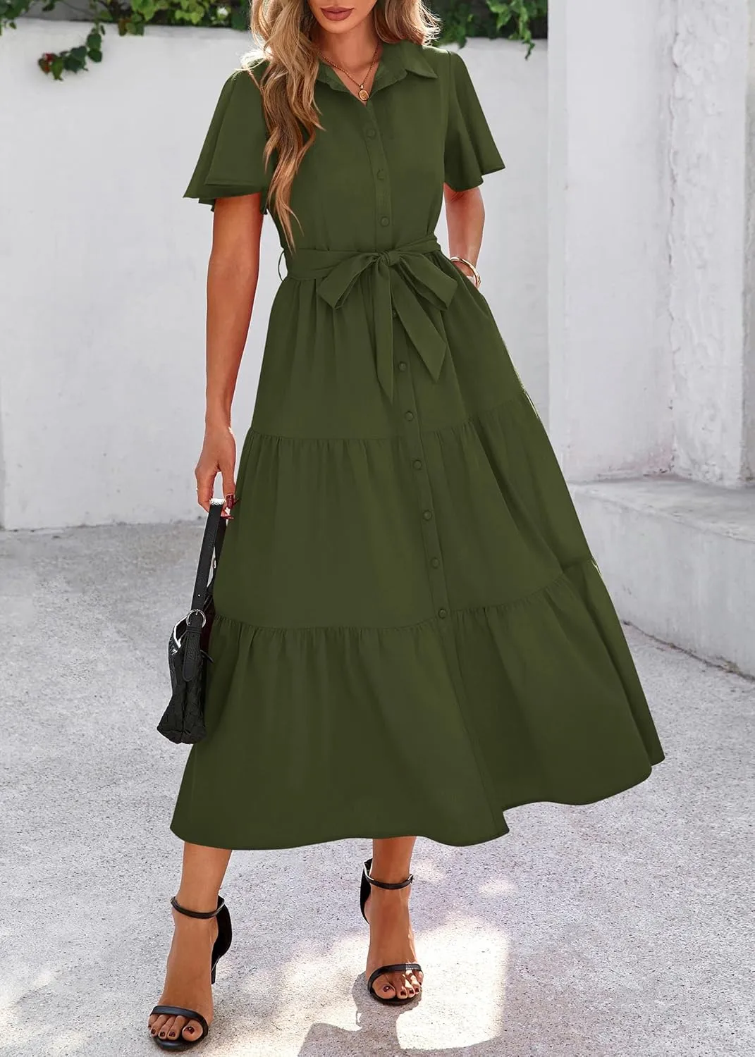 KIRUNDO Summer Button Down Wedding Guest Shirt Dresses for Women Maxi Flutter Short Sleeve Flowy Tiered Beach Sun Dress
