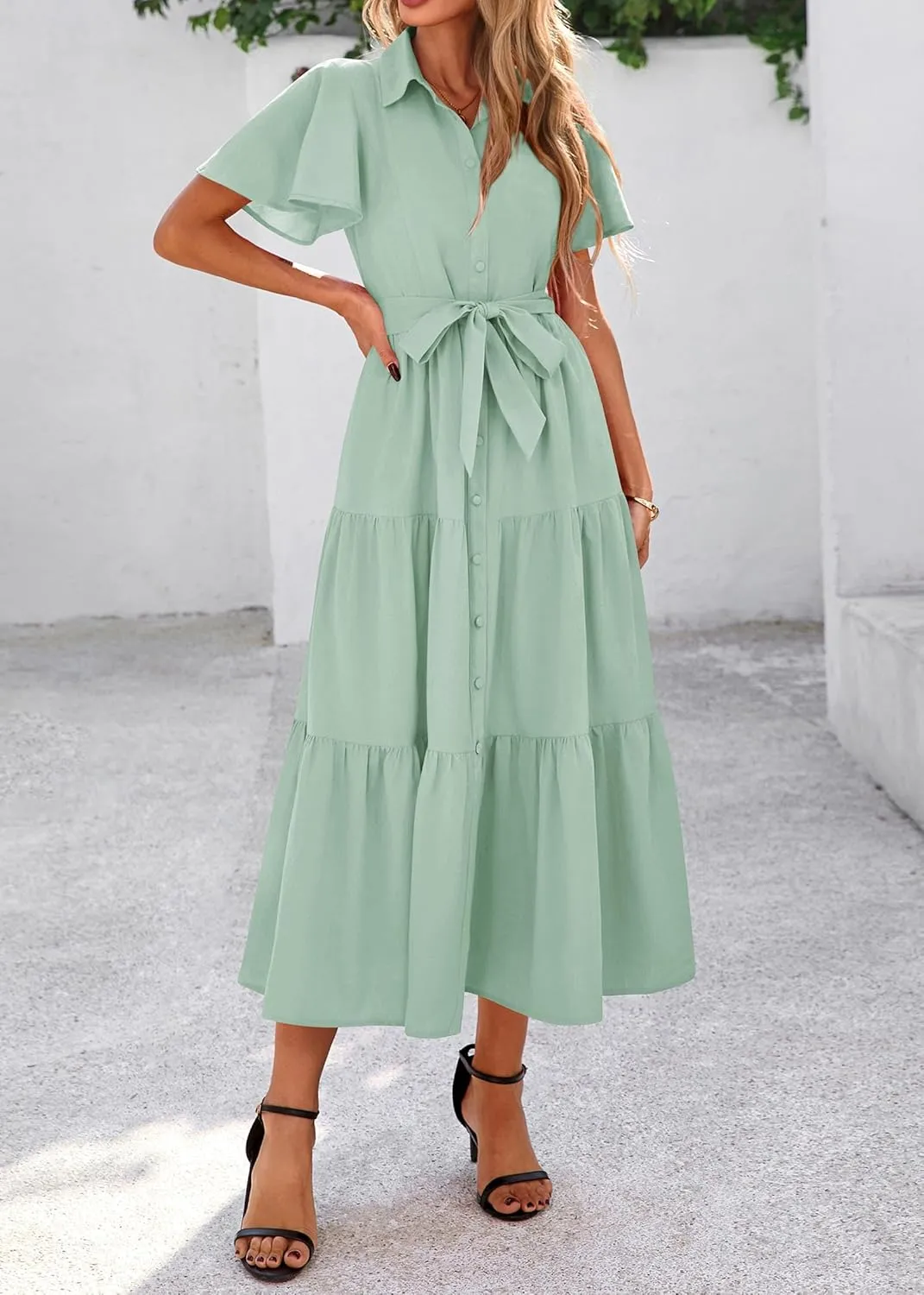 KIRUNDO Summer Button Down Wedding Guest Shirt Dresses for Women Maxi Flutter Short Sleeve Flowy Tiered Beach Sun Dress
