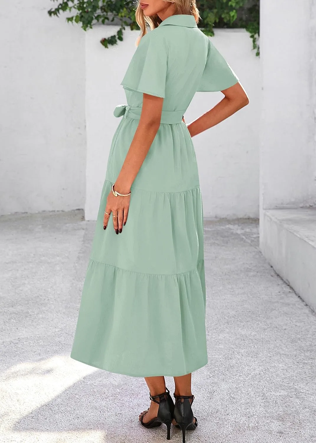 KIRUNDO Summer Button Down Wedding Guest Shirt Dresses for Women Maxi Flutter Short Sleeve Flowy Tiered Beach Sun Dress