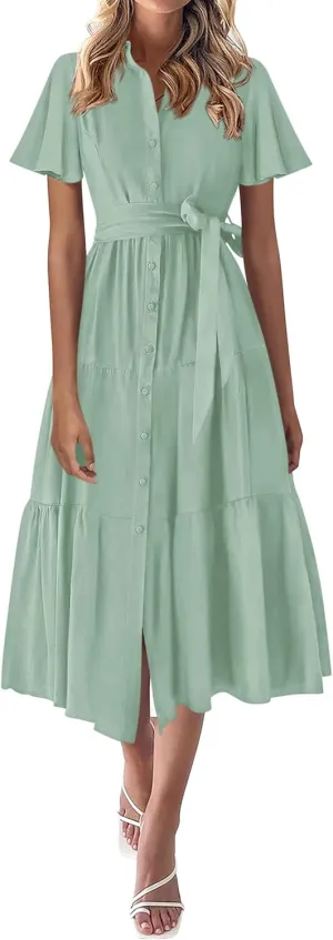 KIRUNDO Summer Button Down Wedding Guest Shirt Dresses for Women Maxi Flutter Short Sleeve Flowy Tiered Beach Sun Dress