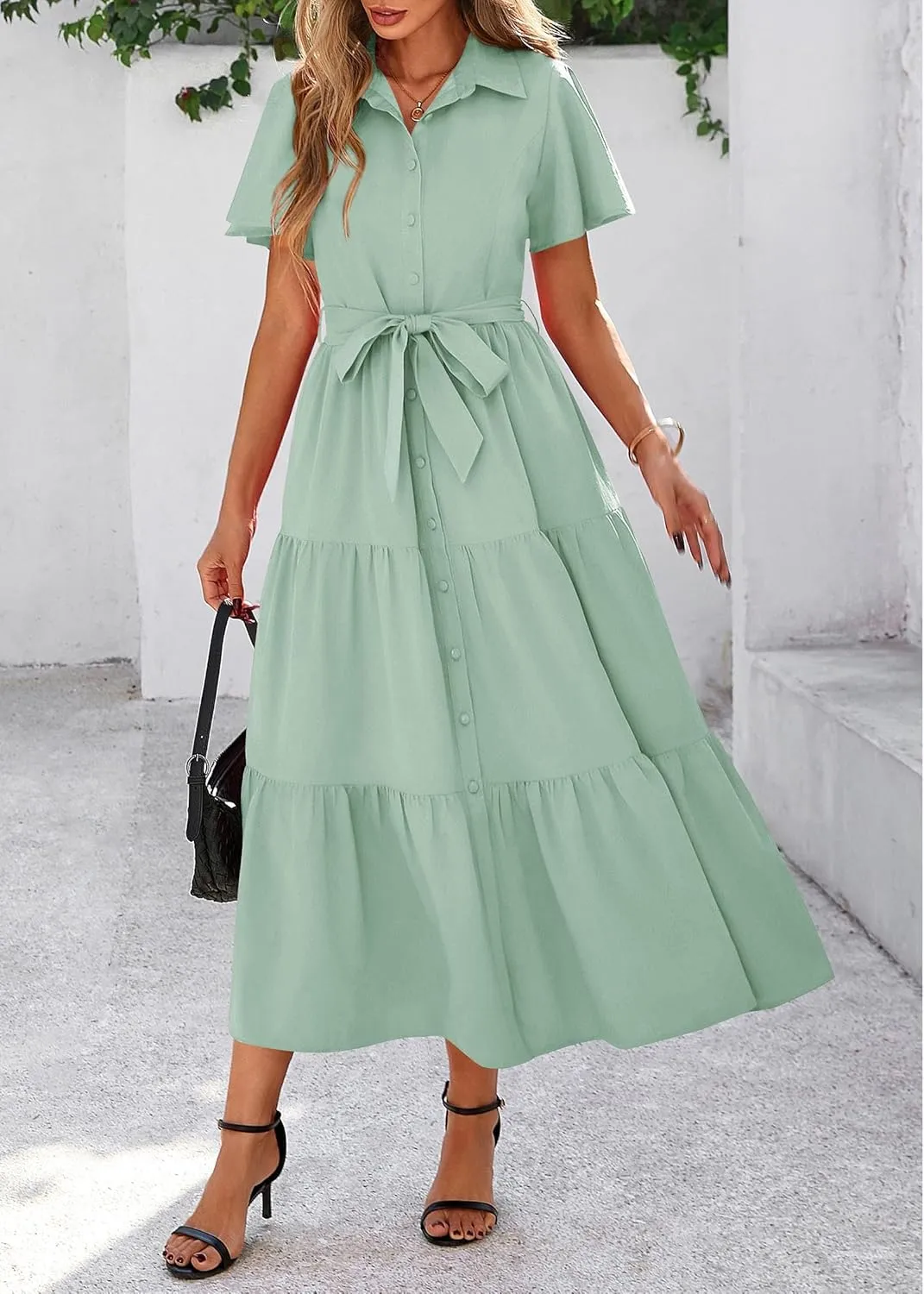 KIRUNDO Summer Button Down Wedding Guest Shirt Dresses for Women Maxi Flutter Short Sleeve Flowy Tiered Beach Sun Dress