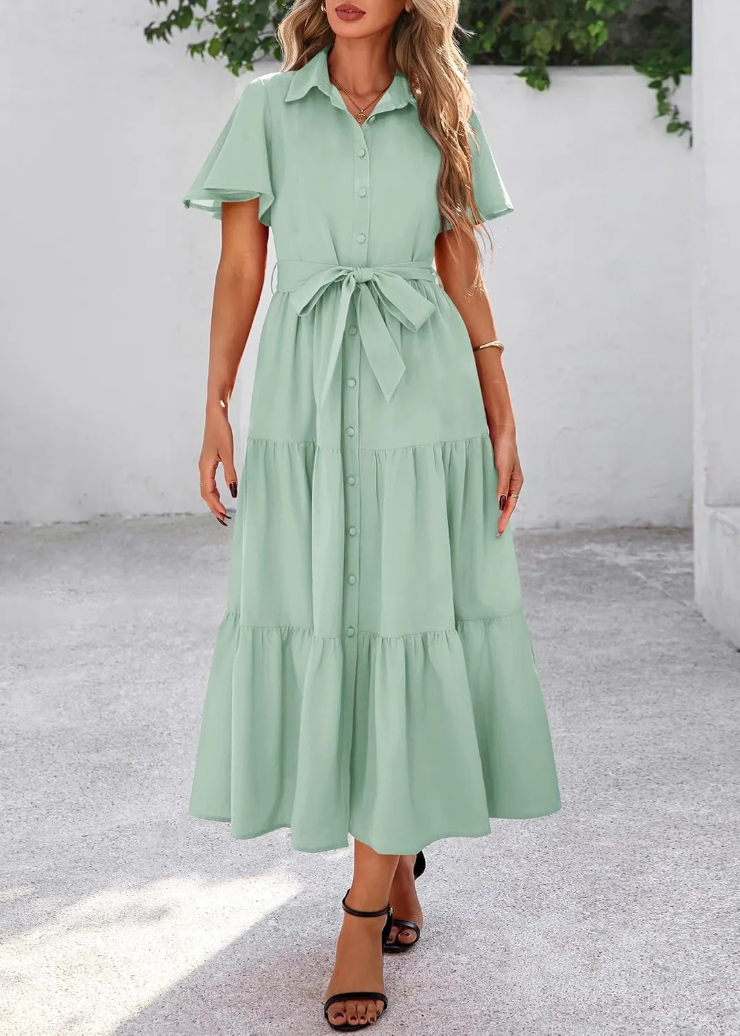 KIRUNDO Summer Button Down Wedding Guest Shirt Dresses for Women Maxi Flutter Short Sleeve Flowy Tiered Beach Sun Dress