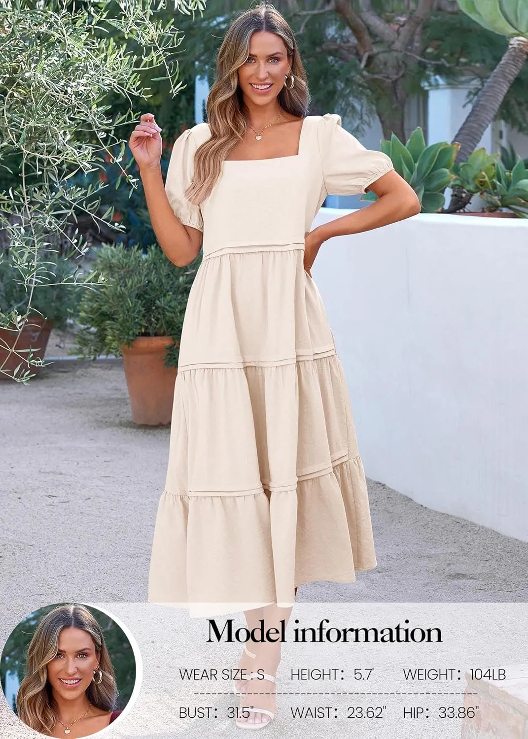 KIRUNDO Women Summer Dresses 2024 Spring Fashion Boho Puff Sleeve Square Neck Pocketed Loose Fit Tiered Flowy Maxi Dress