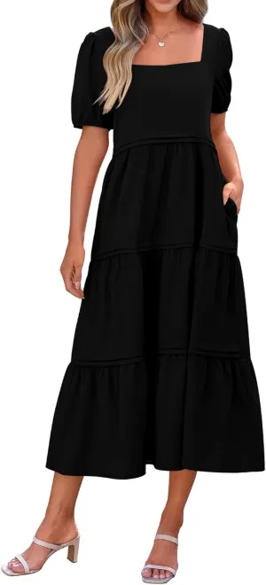 KIRUNDO Women Summer Dresses 2024 Spring Fashion Boho Puff Sleeve Square Neck Pocketed Loose Fit Tiered Flowy Maxi Dress