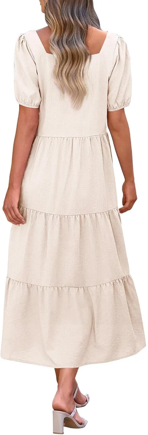 KIRUNDO Women Summer Dresses 2024 Spring Fashion Boho Puff Sleeve Square Neck Pocketed Loose Fit Tiered Flowy Maxi Dress