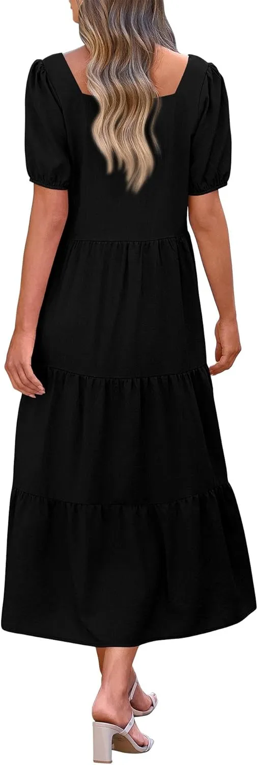 KIRUNDO Women Summer Dresses 2024 Spring Fashion Boho Puff Sleeve Square Neck Pocketed Loose Fit Tiered Flowy Maxi Dress