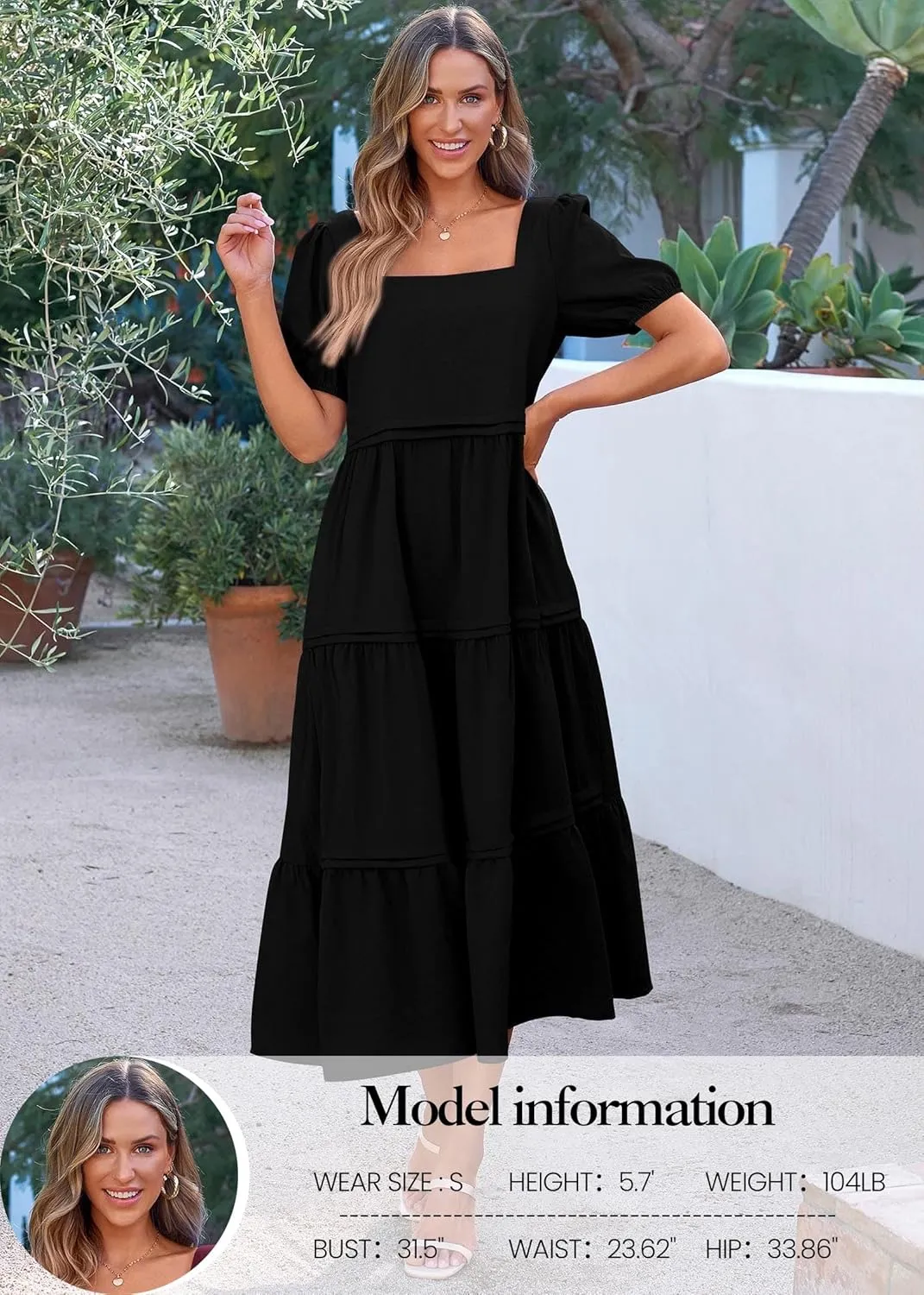 KIRUNDO Women Summer Dresses 2024 Spring Fashion Boho Puff Sleeve Square Neck Pocketed Loose Fit Tiered Flowy Maxi Dress