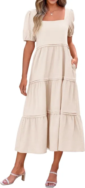KIRUNDO Women Summer Dresses 2024 Spring Fashion Boho Puff Sleeve Square Neck Pocketed Loose Fit Tiered Flowy Maxi Dress
