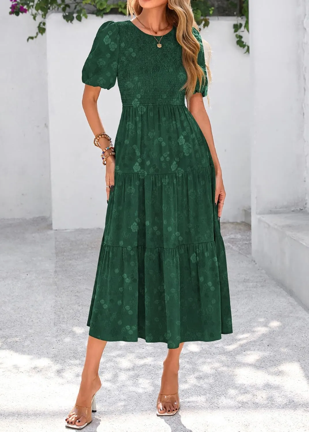 KIRUNDO Womens Summer Dresses Wedding Guest Floral Midi Sundress Short Puff Sleeve Flowy A Line Smocked Tiered Boho Dress