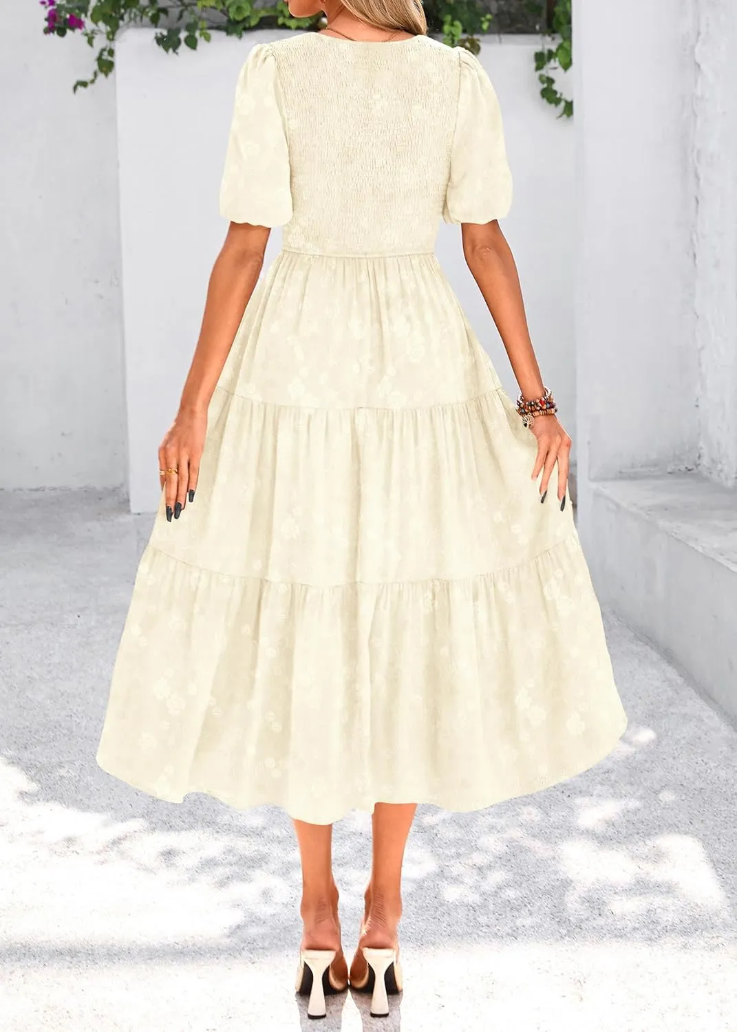 KIRUNDO Womens Summer Dresses Wedding Guest Floral Midi Sundress Short Puff Sleeve Flowy A Line Smocked Tiered Boho Dress