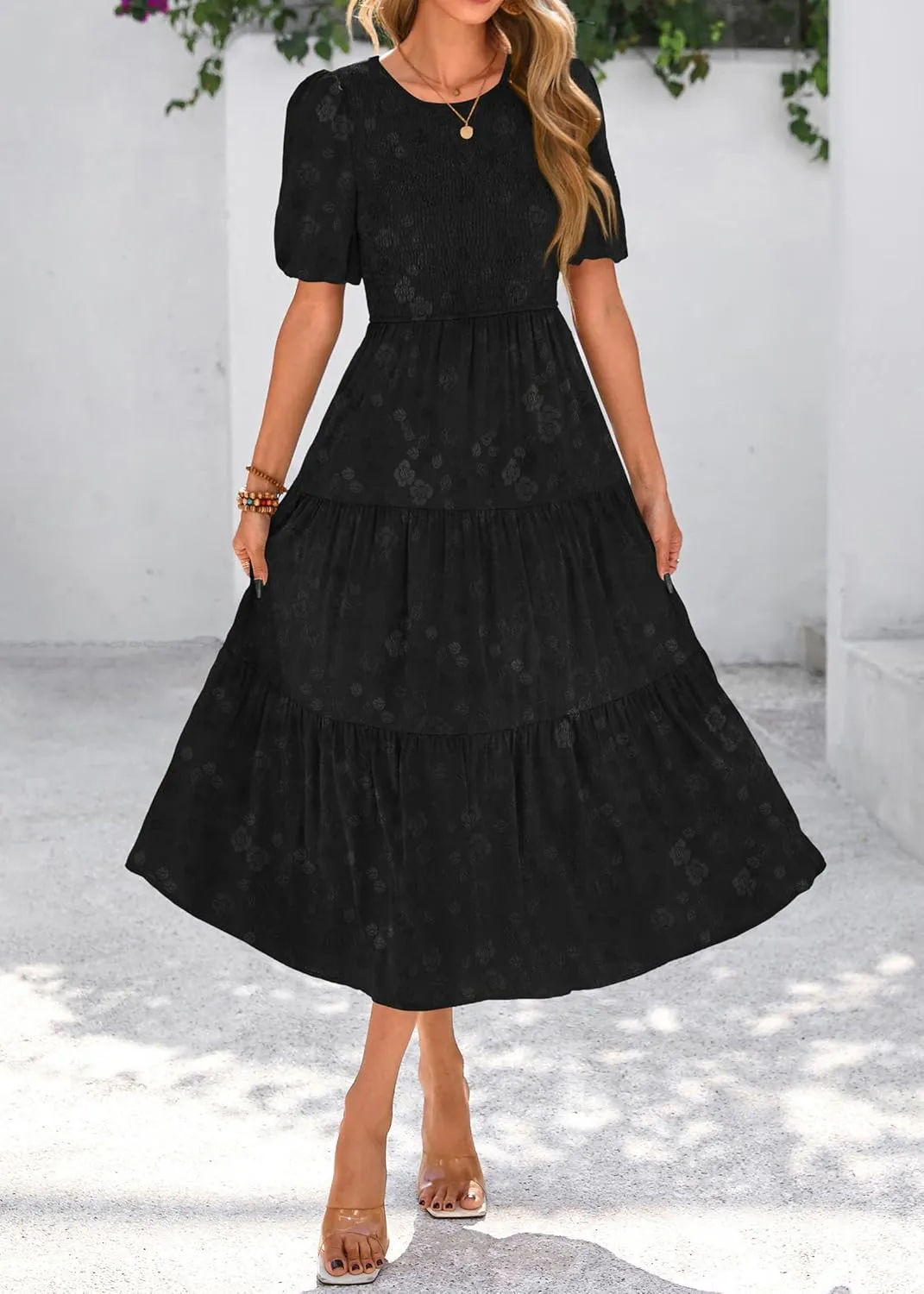 KIRUNDO Womens Summer Dresses Wedding Guest Floral Midi Sundress Short Puff Sleeve Flowy A Line Smocked Tiered Boho Dress