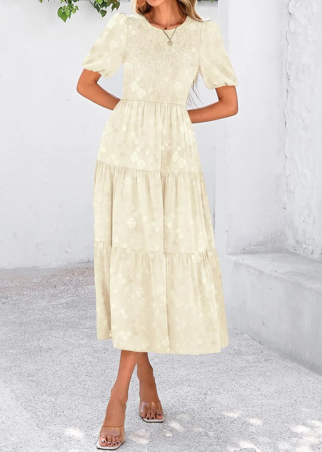 KIRUNDO Womens Summer Dresses Wedding Guest Floral Midi Sundress Short Puff Sleeve Flowy A Line Smocked Tiered Boho Dress