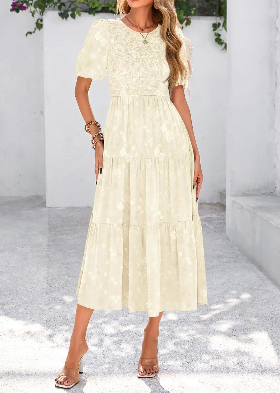 KIRUNDO Womens Summer Dresses Wedding Guest Floral Midi Sundress Short Puff Sleeve Flowy A Line Smocked Tiered Boho Dress
