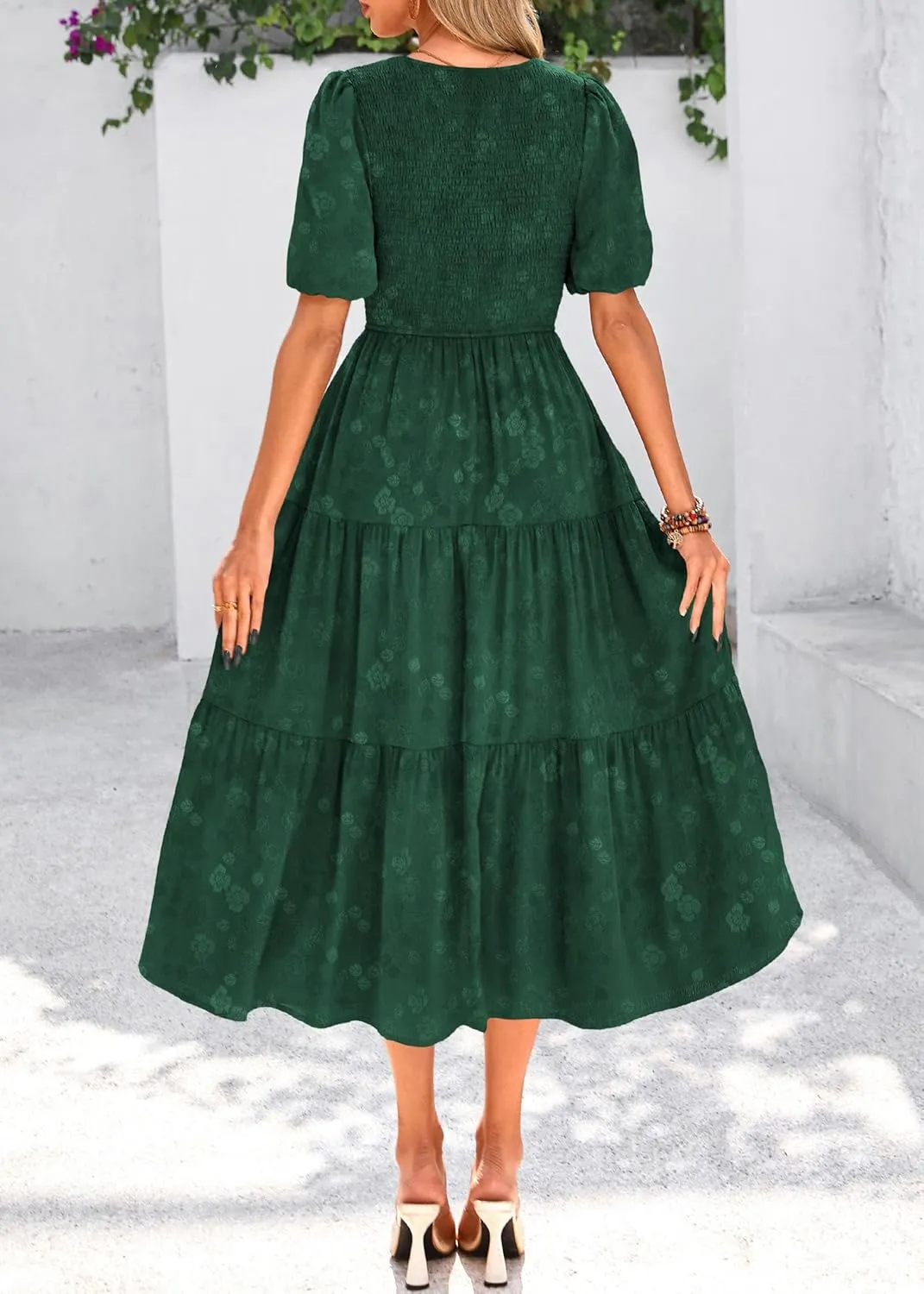 KIRUNDO Womens Summer Dresses Wedding Guest Floral Midi Sundress Short Puff Sleeve Flowy A Line Smocked Tiered Boho Dress