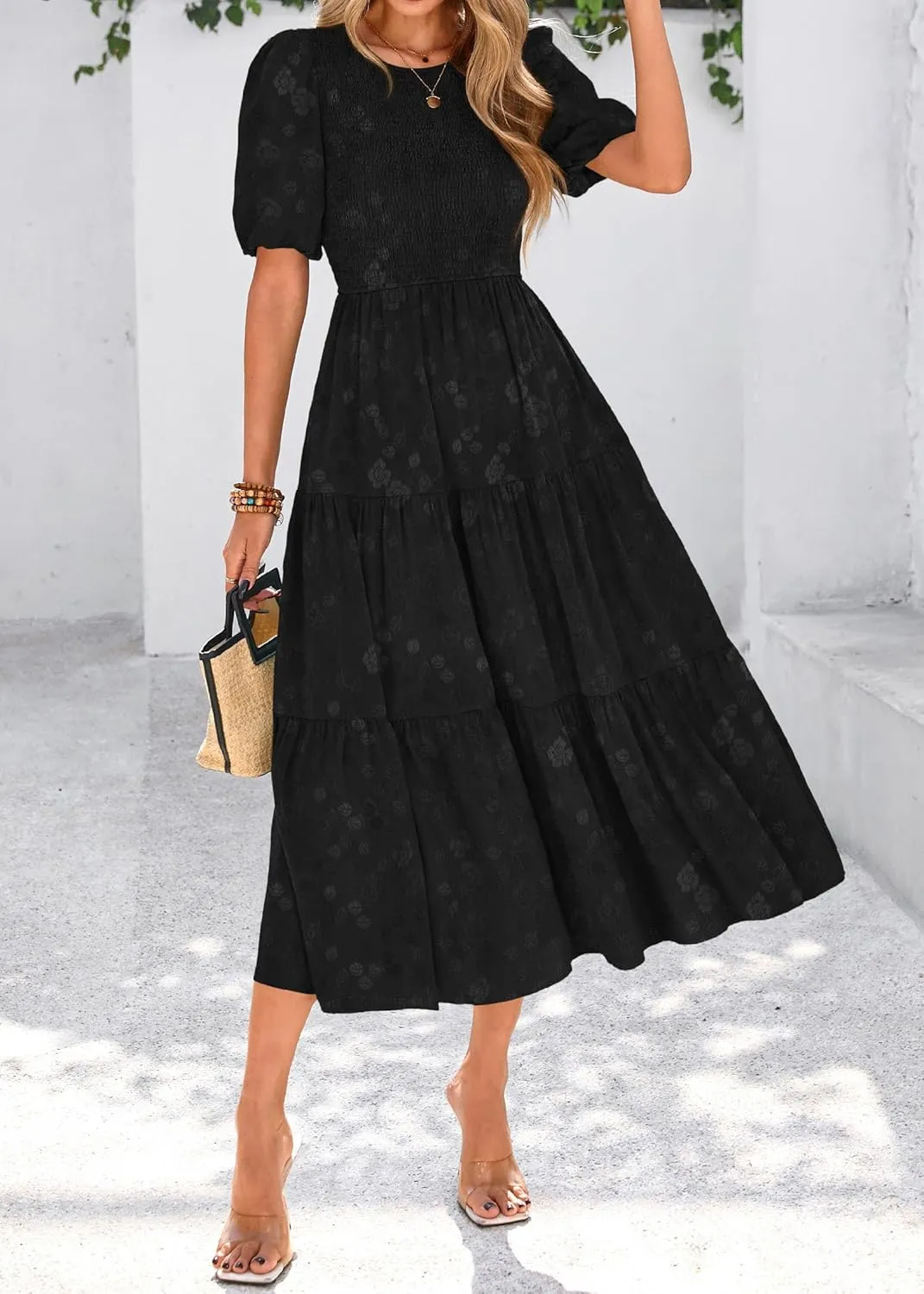 KIRUNDO Womens Summer Dresses Wedding Guest Floral Midi Sundress Short Puff Sleeve Flowy A Line Smocked Tiered Boho Dress