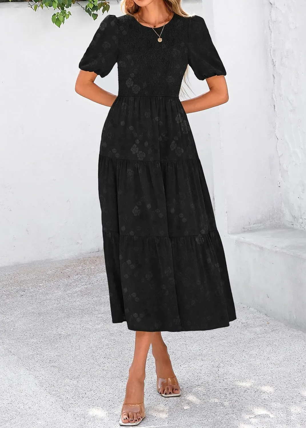 KIRUNDO Womens Summer Dresses Wedding Guest Floral Midi Sundress Short Puff Sleeve Flowy A Line Smocked Tiered Boho Dress