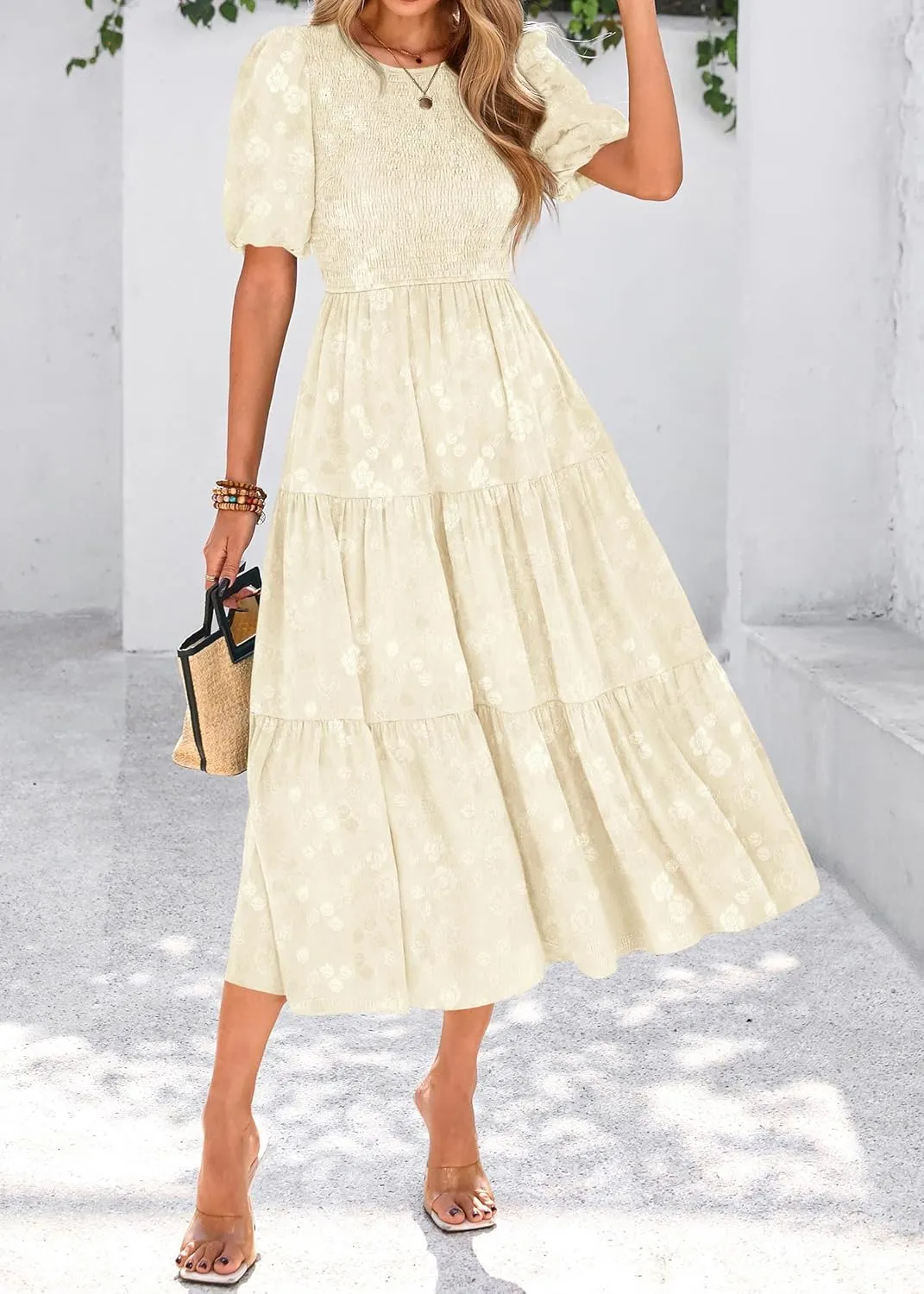 KIRUNDO Womens Summer Dresses Wedding Guest Floral Midi Sundress Short Puff Sleeve Flowy A Line Smocked Tiered Boho Dress