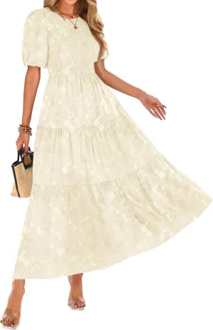 KIRUNDO Womens Summer Dresses Wedding Guest Floral Midi Sundress Short Puff Sleeve Flowy A Line Smocked Tiered Boho Dress