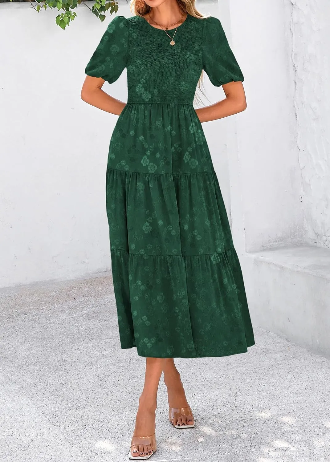 KIRUNDO Womens Summer Dresses Wedding Guest Floral Midi Sundress Short Puff Sleeve Flowy A Line Smocked Tiered Boho Dress
