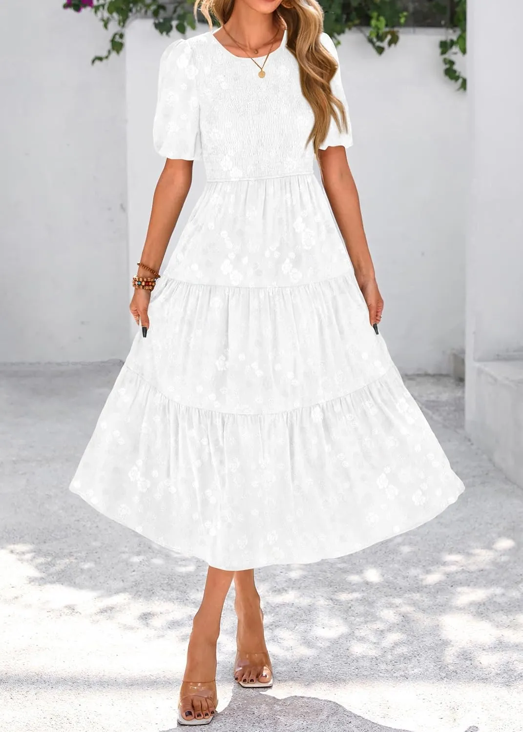 KIRUNDO Womens Summer Dresses Wedding Guest Floral Midi Sundress Short Puff Sleeve Flowy A Line Smocked Tiered Boho Dress