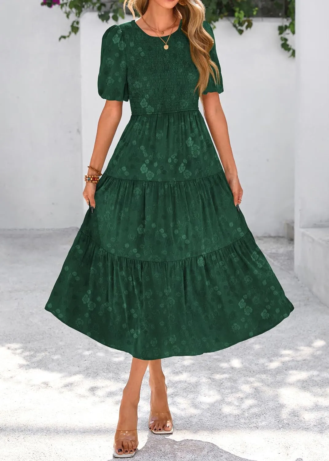KIRUNDO Womens Summer Dresses Wedding Guest Floral Midi Sundress Short Puff Sleeve Flowy A Line Smocked Tiered Boho Dress