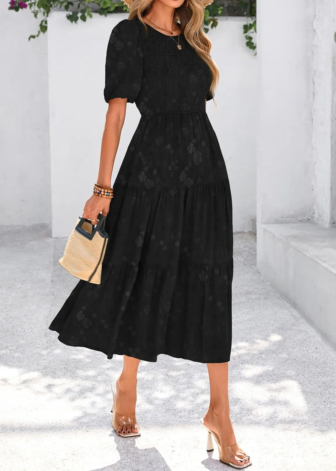 KIRUNDO Womens Summer Dresses Wedding Guest Floral Midi Sundress Short Puff Sleeve Flowy A Line Smocked Tiered Boho Dress