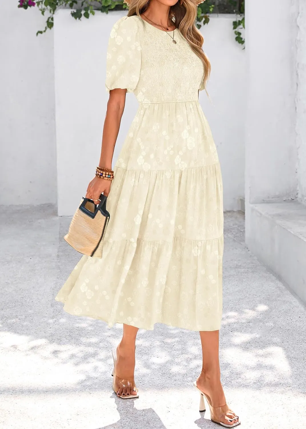KIRUNDO Womens Summer Dresses Wedding Guest Floral Midi Sundress Short Puff Sleeve Flowy A Line Smocked Tiered Boho Dress