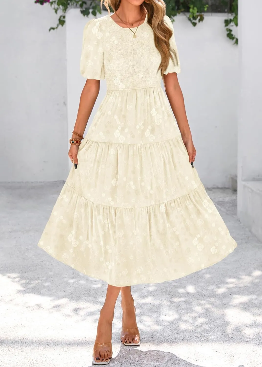 KIRUNDO Womens Summer Dresses Wedding Guest Floral Midi Sundress Short Puff Sleeve Flowy A Line Smocked Tiered Boho Dress