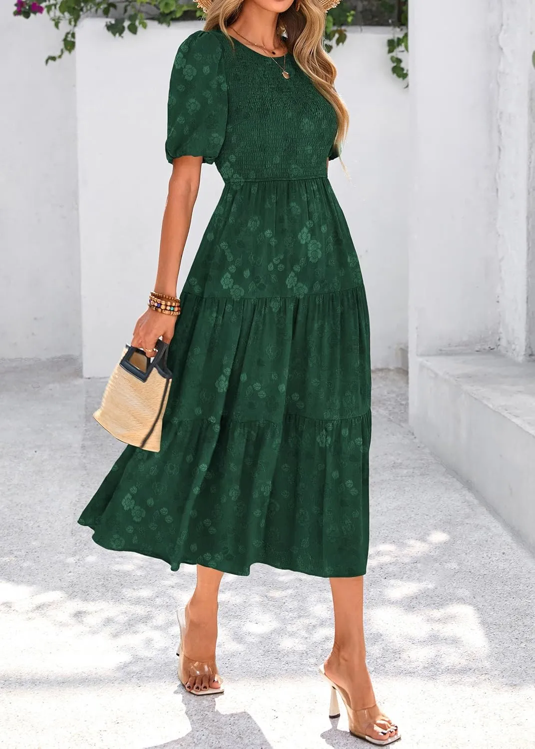 KIRUNDO Womens Summer Dresses Wedding Guest Floral Midi Sundress Short Puff Sleeve Flowy A Line Smocked Tiered Boho Dress