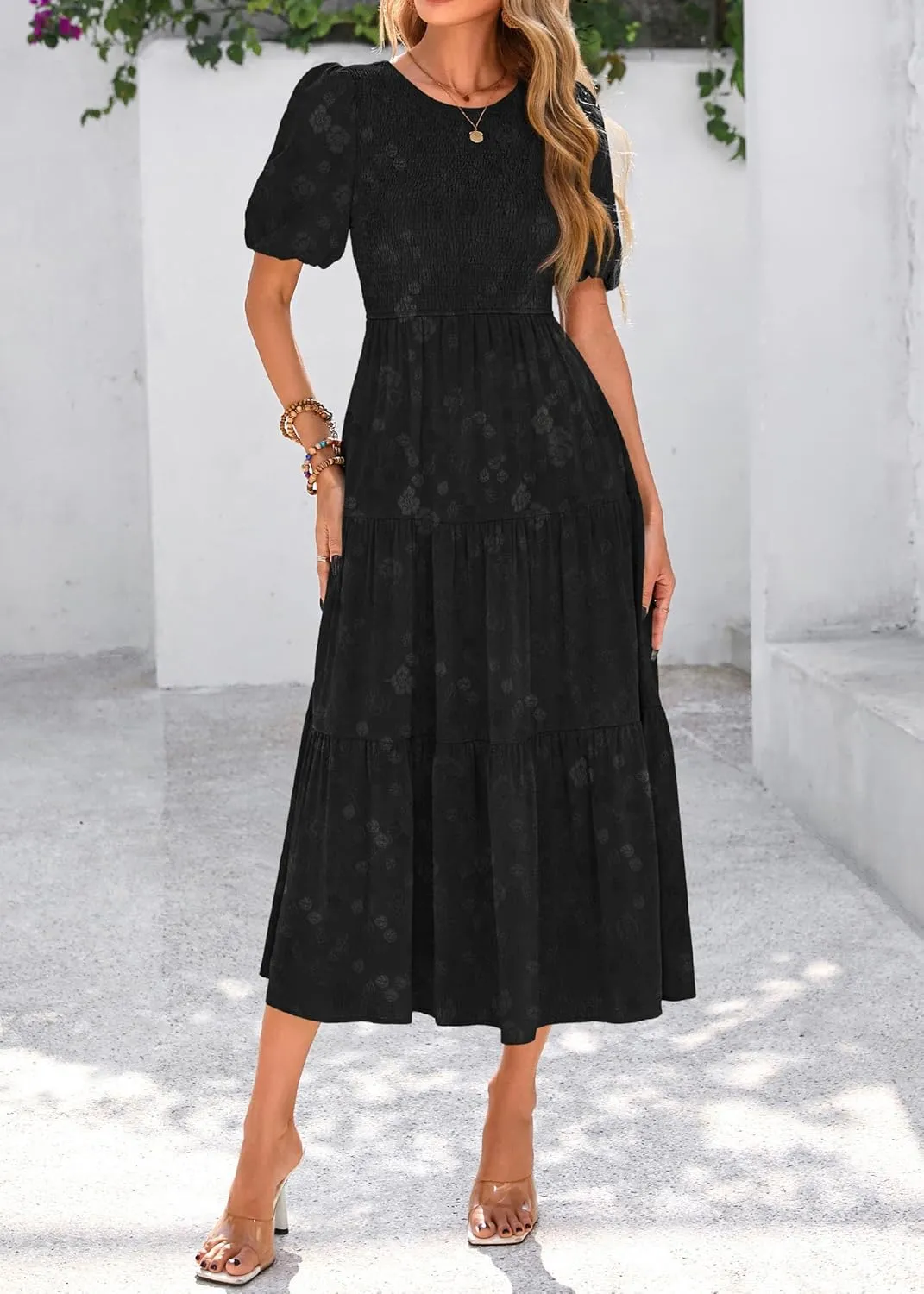 KIRUNDO Womens Summer Dresses Wedding Guest Floral Midi Sundress Short Puff Sleeve Flowy A Line Smocked Tiered Boho Dress