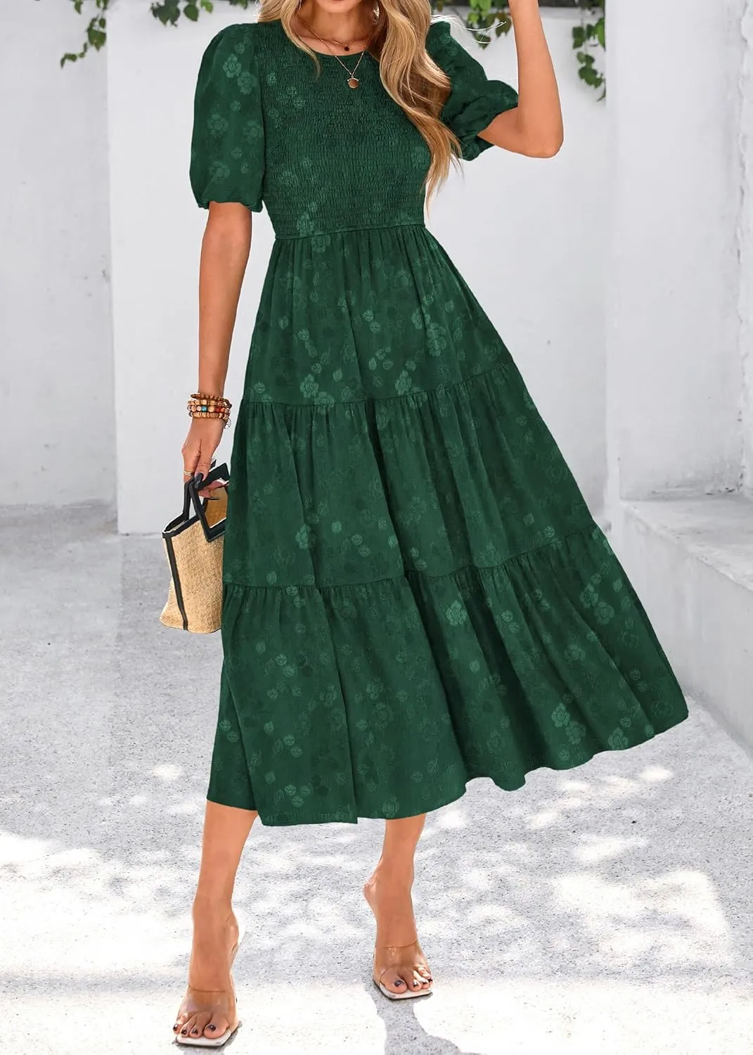 KIRUNDO Womens Summer Dresses Wedding Guest Floral Midi Sundress Short Puff Sleeve Flowy A Line Smocked Tiered Boho Dress