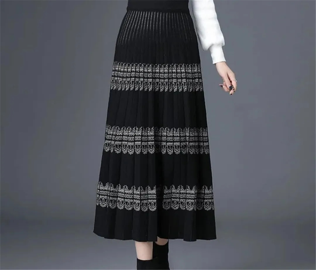 Knitted Long Pleated Skirt Women Autumn Winter Warm High Waist Midi Skirt Retro Shiny Office Skirts