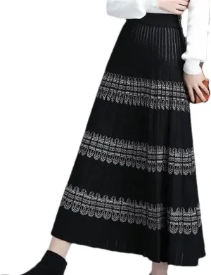 Knitted Long Pleated Skirt Women Autumn Winter Warm High Waist Midi Skirt Retro Shiny Office Skirts